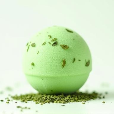 Green bath bomb with green tea leaves